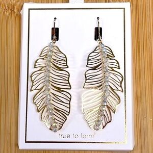 Brand New True to Form Gold Tone Leaf Drop Earrings Crystal Beaded Lightweight